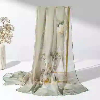 上海故事 春满山雪纺长巾出游外搭国风印花气质仙仙 桑蚕丝 丝巾 女款