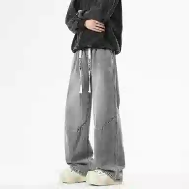 大卫贝肯 美式高街基础款字母抽绳时尚宽松复古直筒休闲百搭垂感牛仔裤 男女同款