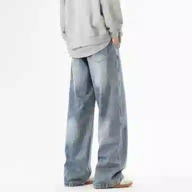 大卫贝肯 美式高街基础款字母抽绳时尚宽松复古直筒休闲百搭垂感牛仔裤 男女同款