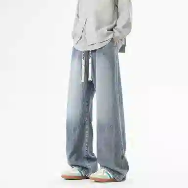 大卫贝肯 美式高街基础款字母抽绳时尚宽松复古直筒休闲百搭垂感牛仔裤 男女同款