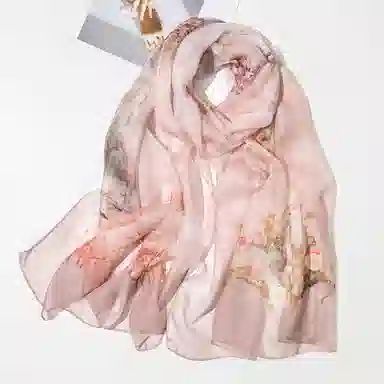 上海故事 春满山雪纺长巾出游外搭国风印花气质仙仙 桑蚕丝 丝巾 女款