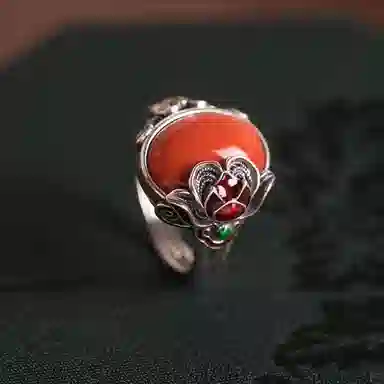 小银匠 玫瑰花国风新中式复古民族风个性开口戒 玛瑙 戒指 男女同款情侣款