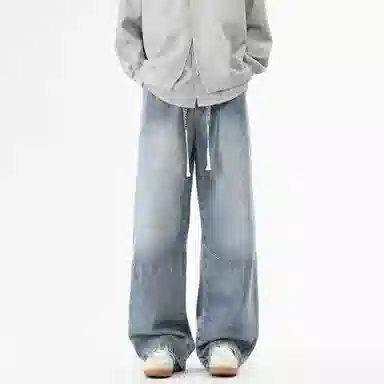 大卫贝肯 美式高街基础款字母抽绳时尚宽松复古直筒休闲百搭垂感牛仔裤 男女同款