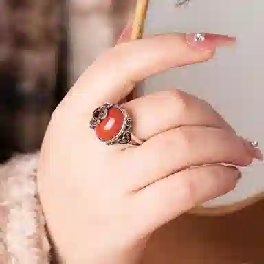 小银匠 玫瑰花国风新中式复古民族风个性开口戒 玛瑙 戒指 男女同款情侣款