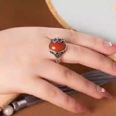 小银匠 玫瑰花国风新中式复古民族风个性开口戒 玛瑙 戒指 男女同款情侣款