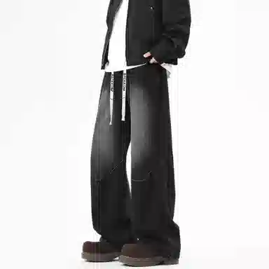 大卫贝肯 美式高街基础款字母抽绳时尚宽松复古直筒休闲百搭垂感牛仔裤 男女同款