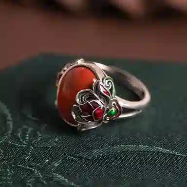 小银匠 玫瑰花国风新中式复古民族风个性开口戒 玛瑙 戒指 男女同款情侣款