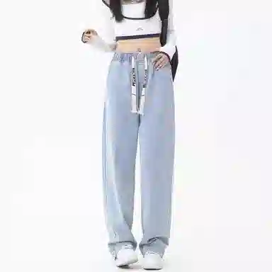 大卫贝肯 美式潮牌水洗做旧高街直筒裤字母刺绣系带时尚百搭宽松舒适休闲复古牛仔裤 男女同款