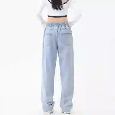 大卫贝肯 美式潮牌水洗做旧高街直筒裤字母刺绣系带时尚百搭宽松舒适休闲复古牛仔裤 男女同款