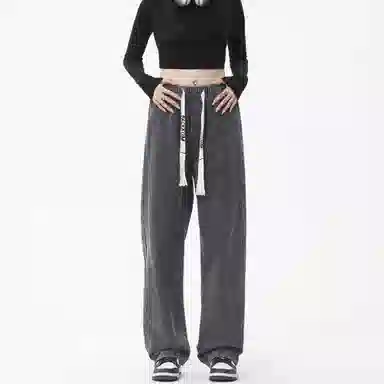 大卫贝肯 美式潮牌水洗做旧高街直筒裤字母刺绣系带时尚百搭宽松舒适休闲复古牛仔裤 男女同款