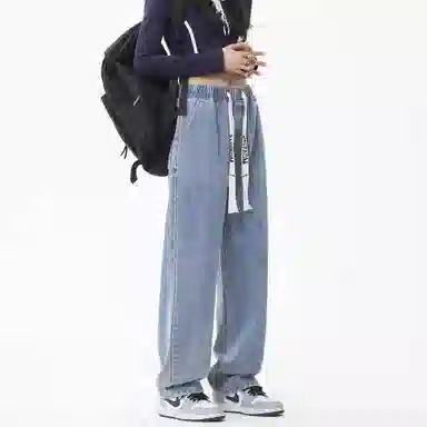 大卫贝肯 美式潮牌水洗做旧高街直筒裤字母刺绣系带时尚百搭宽松舒适休闲复古牛仔裤 男女同款