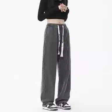 大卫贝肯 美式潮牌水洗做旧高街直筒裤字母刺绣系带时尚百搭宽松舒适休闲复古牛仔裤 男女同款