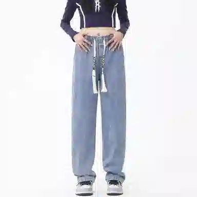 大卫贝肯 美式潮牌水洗做旧高街直筒裤字母刺绣系带时尚百搭宽松舒适休闲复古牛仔裤 男女同款