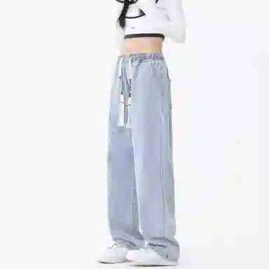 大卫贝肯 美式潮牌水洗做旧高街直筒裤字母刺绣系带时尚百搭宽松舒适休闲复古牛仔裤 男女同款