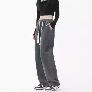 大卫贝肯 美式潮牌水洗做旧高街直筒裤字母刺绣系带时尚百搭宽松舒适休闲复古牛仔裤 男女同款