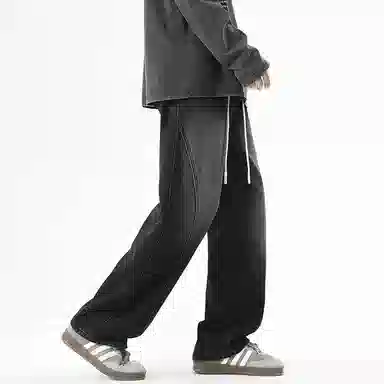 【dme】 时尚潮牌高街设计感拼接宽松系带中腰百搭水洗做旧垂感休闲直筒牛仔裤 男女同款