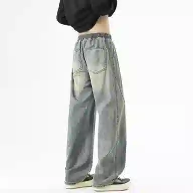 【dme】 时尚潮牌高街设计感拼接宽松系带中腰百搭水洗做旧垂感休闲直筒牛仔裤 男女同款