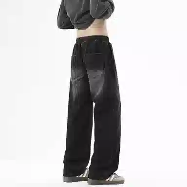 【dme】 时尚潮牌高街设计感拼接宽松系带中腰百搭水洗做旧垂感休闲直筒牛仔裤 男女同款