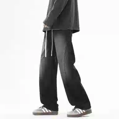 【dme】 时尚潮牌高街设计感拼接宽松系带中腰百搭水洗做旧垂感休闲直筒牛仔裤 男女同款