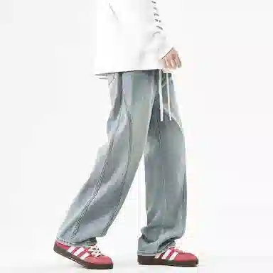 【dme】 时尚潮牌高街设计感拼接宽松系带中腰百搭水洗做旧垂感休闲直筒牛仔裤 男女同款