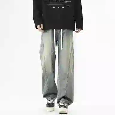 【dme】 时尚潮牌高街设计感拼接宽松系带中腰百搭水洗做旧垂感休闲直筒牛仔裤 男女同款