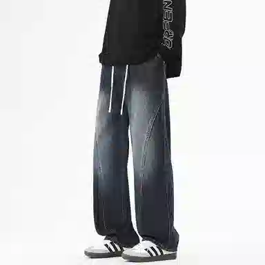 【dme】 时尚潮牌高街设计感拼接宽松系带中腰百搭水洗做旧垂感休闲直筒牛仔裤 男女同款