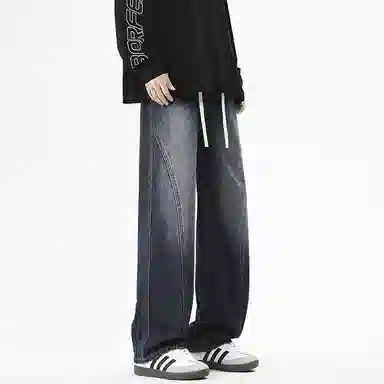 【dme】 时尚潮牌高街设计感拼接宽松系带中腰百搭水洗做旧垂感休闲直筒牛仔裤 男女同款