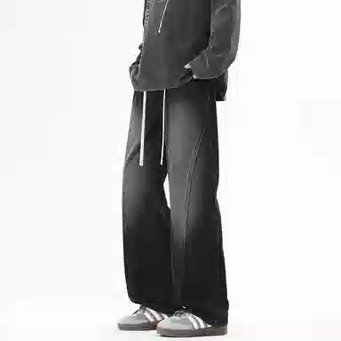 【dme】 时尚潮牌高街设计感拼接宽松系带中腰百搭水洗做旧垂感休闲直筒牛仔裤 男女同款