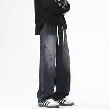 【dme】 时尚潮牌高街设计感拼接宽松系带中腰百搭水洗做旧垂感休闲直筒牛仔裤 男女同款