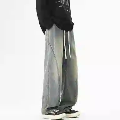 【dme】 时尚潮牌高街设计感拼接宽松系带中腰百搭水洗做旧垂感休闲直筒牛仔裤 男女同款