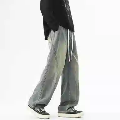 【dme】 时尚潮牌高街设计感拼接宽松系带中腰百搭水洗做旧垂感休闲直筒牛仔裤 男女同款