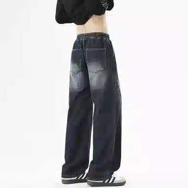 【dme】 时尚潮牌高街设计感拼接宽松系带中腰百搭水洗做旧垂感休闲直筒牛仔裤 男女同款