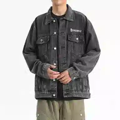 红蜻蜓 美式复古水洗做旧磨白设计感字母牛仔外套 男女同款