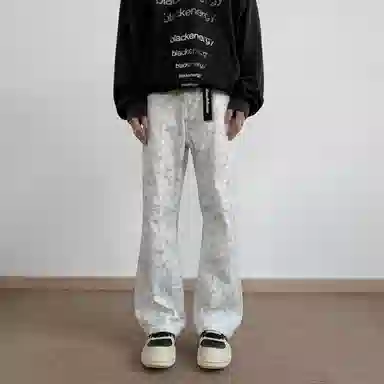 大卫贝肯 美式复古高街潮牌重工水洗扎染做旧脏脏白拼接休闲长裤宽松直筒工装牛仔裤 男女同款