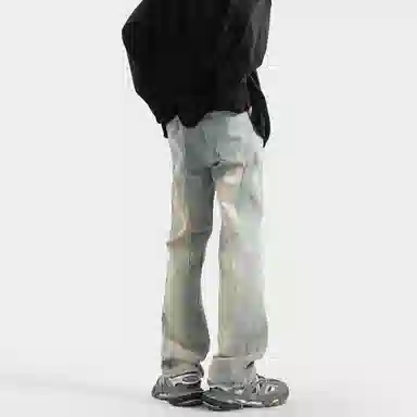 大卫贝肯 美式复古高街潮牌重工水洗扎染做旧脏脏白拼接休闲长裤宽松直筒工装牛仔裤 男女同款