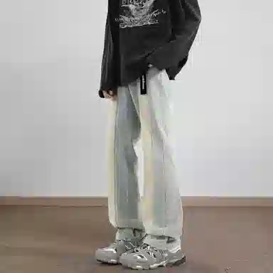 大卫贝肯 美式复古高街潮牌重工水洗扎染做旧脏脏白拼接休闲长裤宽松直筒工装牛仔裤 男女同款