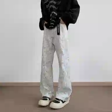 大卫贝肯 美式复古高街潮牌重工水洗扎染做旧脏脏白拼接休闲长裤宽松直筒工装牛仔裤 男女同款