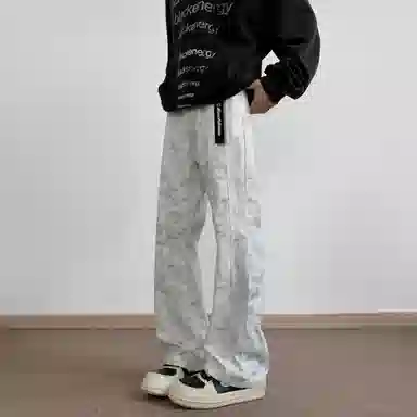 大卫贝肯 美式复古高街潮牌重工水洗扎染做旧脏脏白拼接休闲长裤宽松直筒工装牛仔裤 男女同款