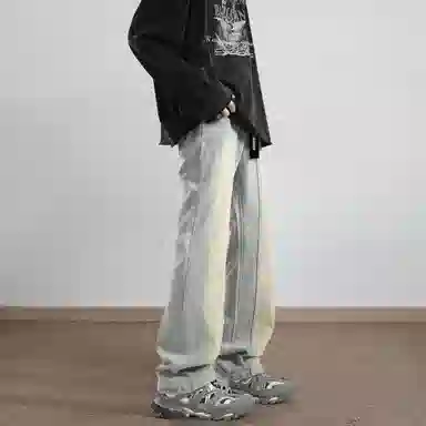 大卫贝肯 美式复古高街潮牌重工水洗扎染做旧脏脏白拼接休闲长裤宽松直筒工装牛仔裤 男女同款