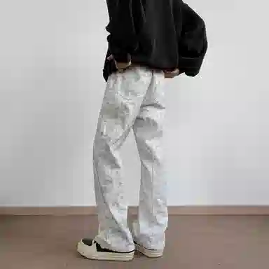 大卫贝肯 美式复古高街潮牌重工水洗扎染做旧脏脏白拼接休闲长裤宽松直筒工装牛仔裤 男女同款