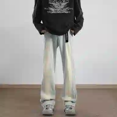 大卫贝肯 美式复古高街潮牌重工水洗扎染做旧脏脏白拼接休闲长裤宽松直筒工装牛仔裤 男女同款