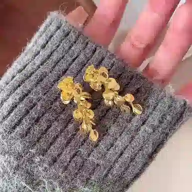 彤彤兔 简约复古金色叶子花朵流苏 合金 耳环 女款