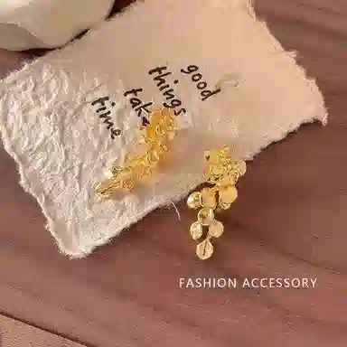 彤彤兔 简约复古金色叶子花朵流苏 合金 耳环 女款