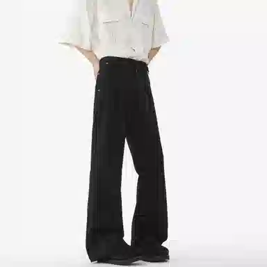 大卫贝肯 美式高街复古简约基础款褶皱订书机设计高级感宽松舒适休闲百搭冰丝西装裤 男女同款 黑色