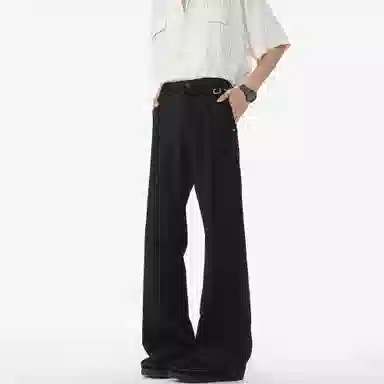 大卫贝肯 美式高街复古简约基础款褶皱订书机设计高级感宽松舒适休闲百搭冰丝西装裤 男女同款 黑色