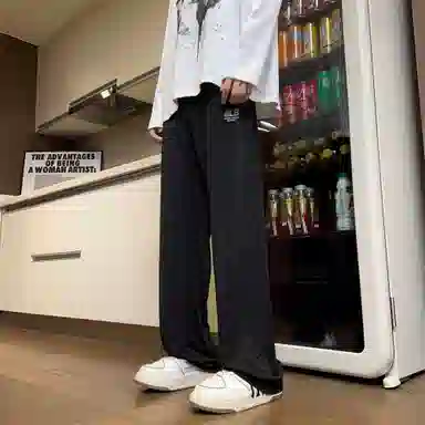 王者荣耀 鲁班七号星空梦想款 美式基础款冰丝宽松直筒透气通勤百搭户外运动系带松紧薄款拖地中腰休闲裤 男女同款 黑色