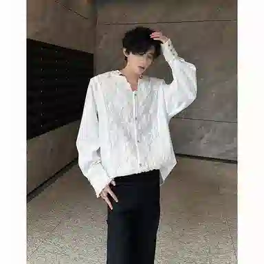 木林森 美式高街复古个性蕾丝立体花卉宫廷刺绣重工奢华感潮流个性百搭文艺风宽松休闲痞帅长袖衬衫 男女同款 白色