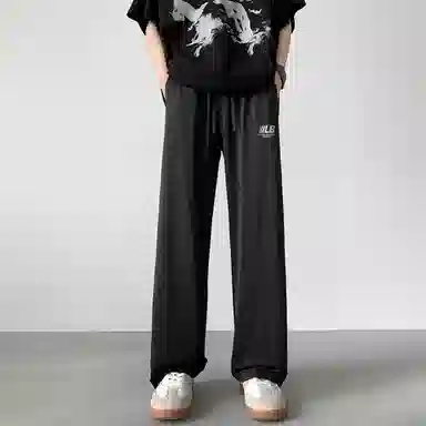 王者荣耀 鲁班七号星空梦想款 美式基础款冰丝宽松直筒透气通勤百搭户外运动系带松紧薄款拖地中腰休闲裤 男女同款 黑色