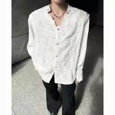 木林森 美式高街复古个性蕾丝立体花卉宫廷刺绣重工奢华感潮流个性百搭文艺风宽松休闲痞帅长袖衬衫 男女同款 白色