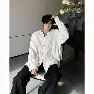 木林森 美式高街复古个性蕾丝立体花卉宫廷刺绣重工奢华感潮流个性百搭文艺风宽松休闲痞帅长袖衬衫 男女同款 白色